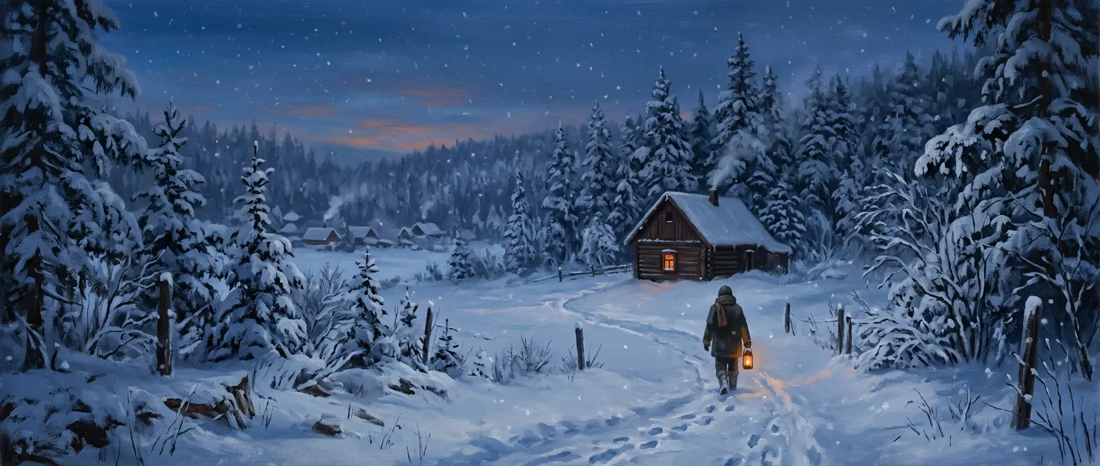 A lone figure carrying a lantern walks a snowy path toward a log cabin with one glowing window, surrounded by snow-laden pines at dusk.